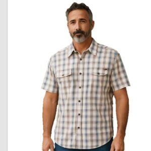 Carhartt Men’s Shirt 2XL Short Sleeve Plaid Beige/Blue Button Relaxed Fit (flaw)